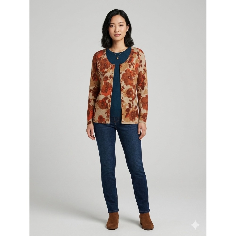 Susan Bristol Floral Cardigan Sweater Rust lambswool Button Front cottagecore
